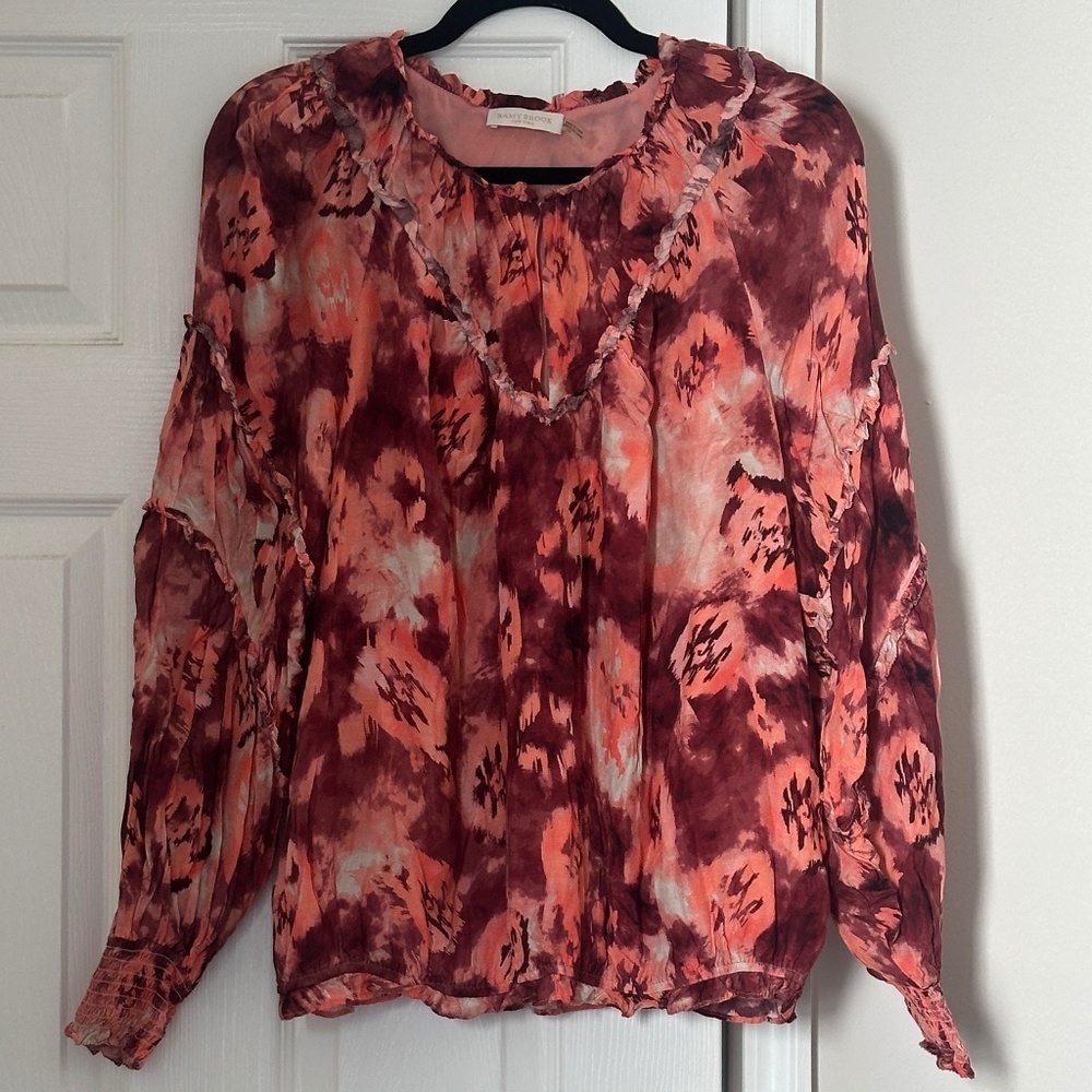 Ramy Brook Blouse Womens Large Pink Raquel Long Sleeve Top Feminine Boho Tie Dye